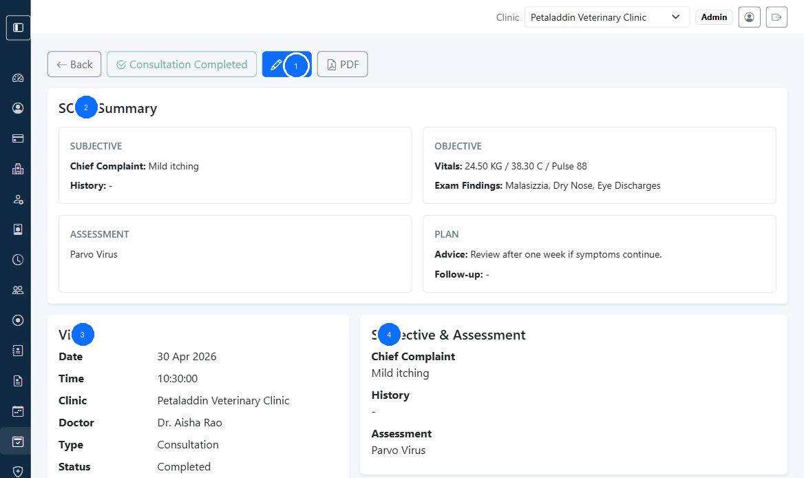 Consultation details screen with callouts