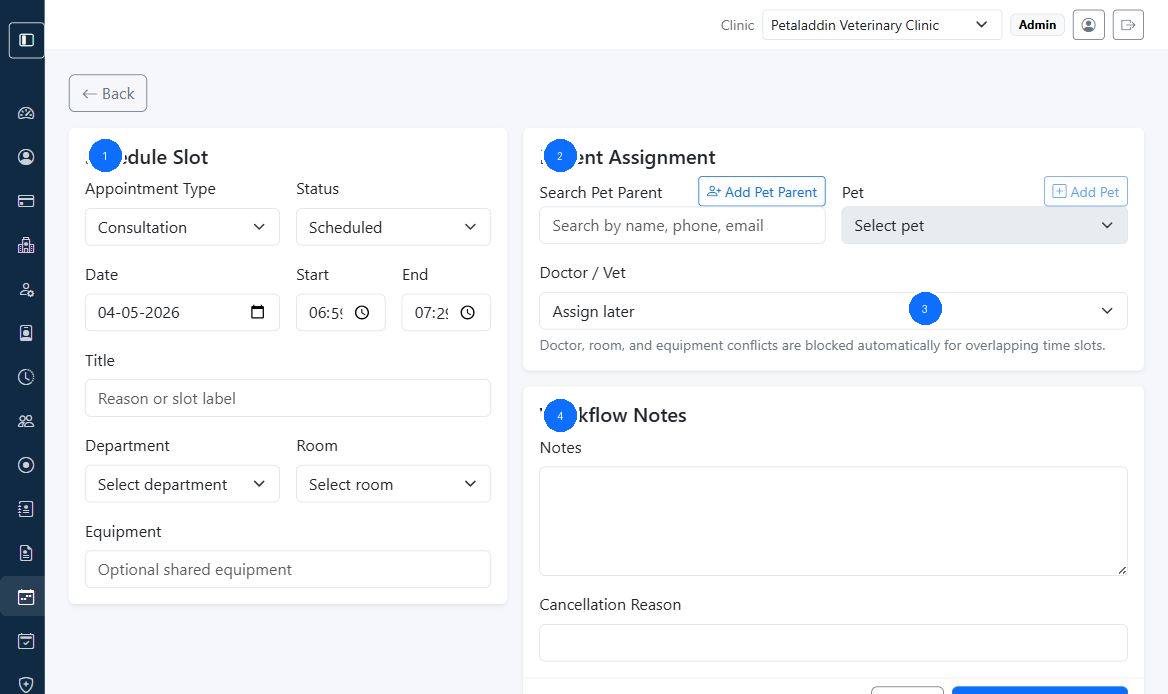 Create appointment screen with callouts