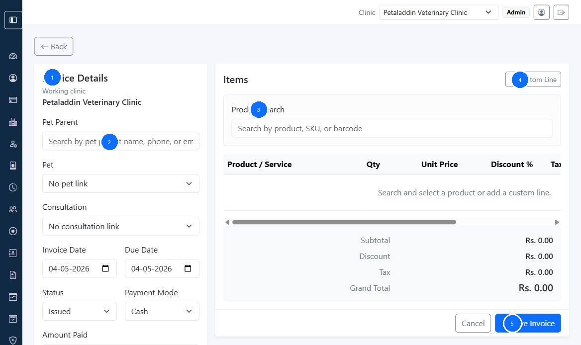 Create invoice screen with callouts