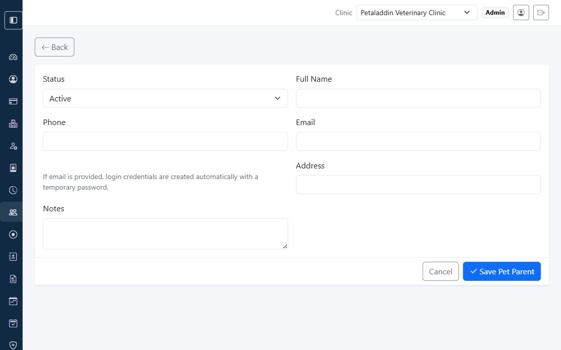 Create pet parent screen