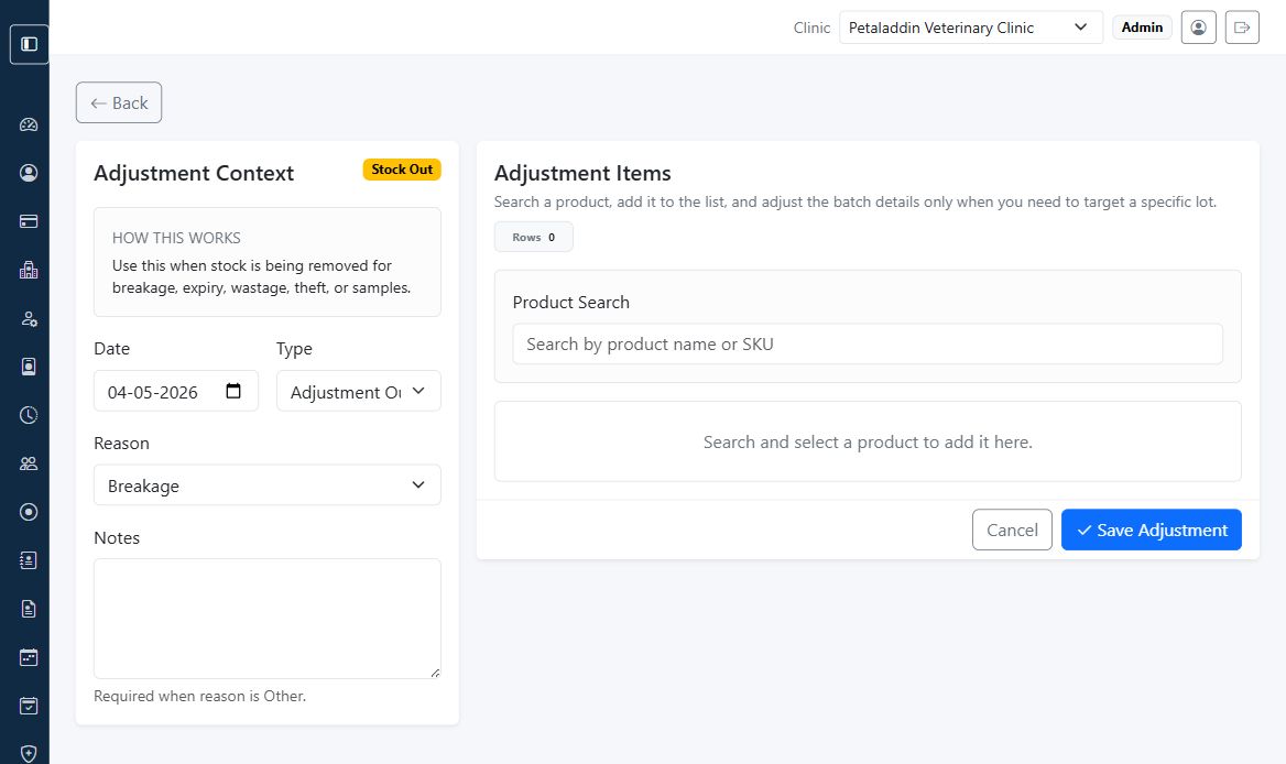 Create stock adjustment screen