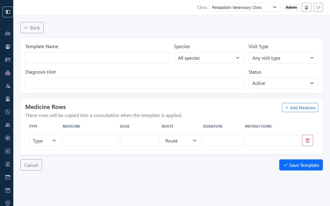 Prescription template form screen