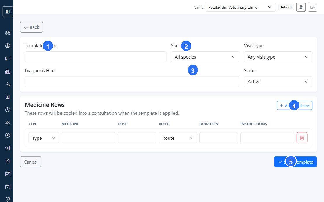 Prescription template form screen