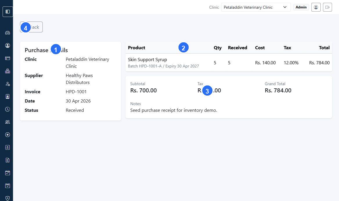 Purchase details screen