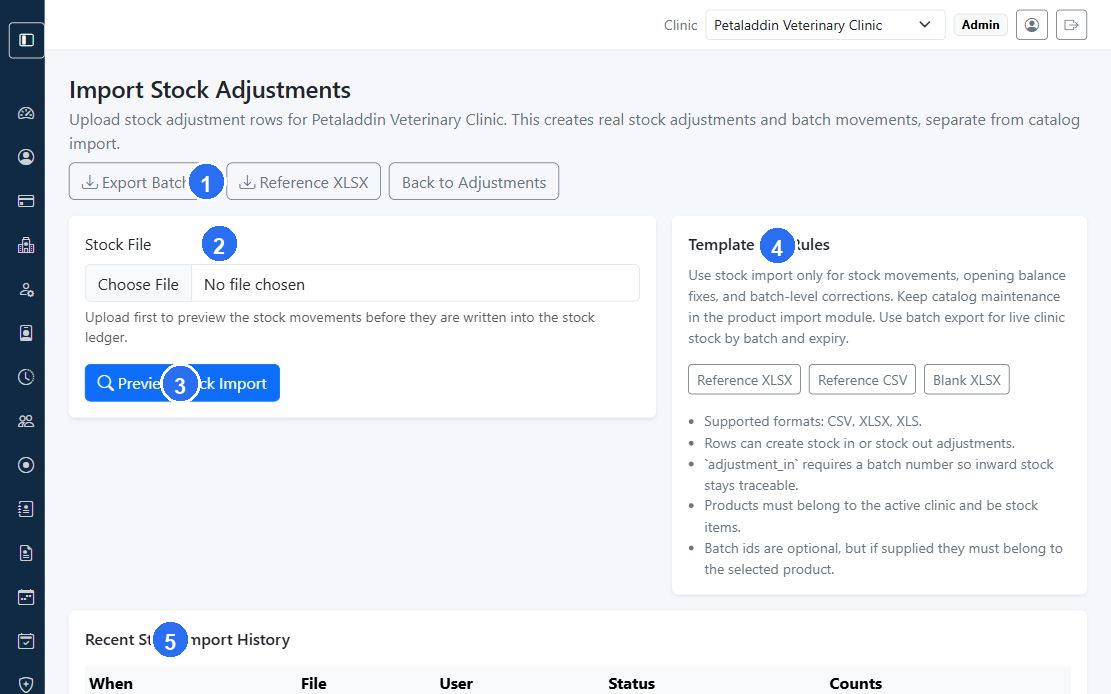 Stock adjustment import screen