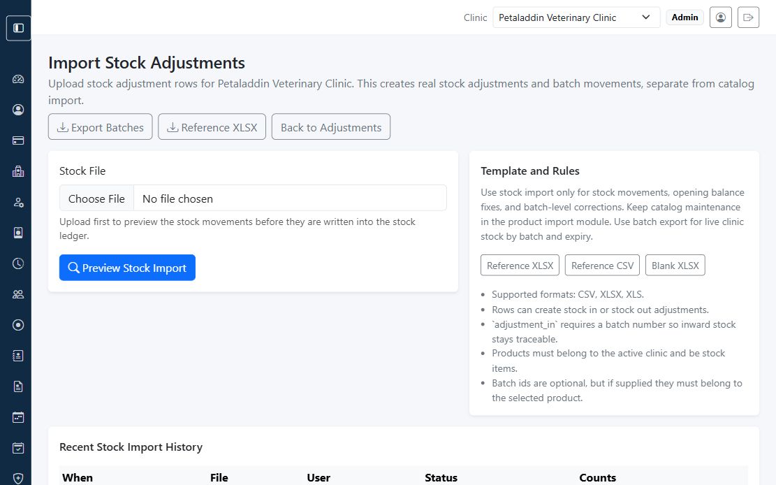 Stock adjustment import screen